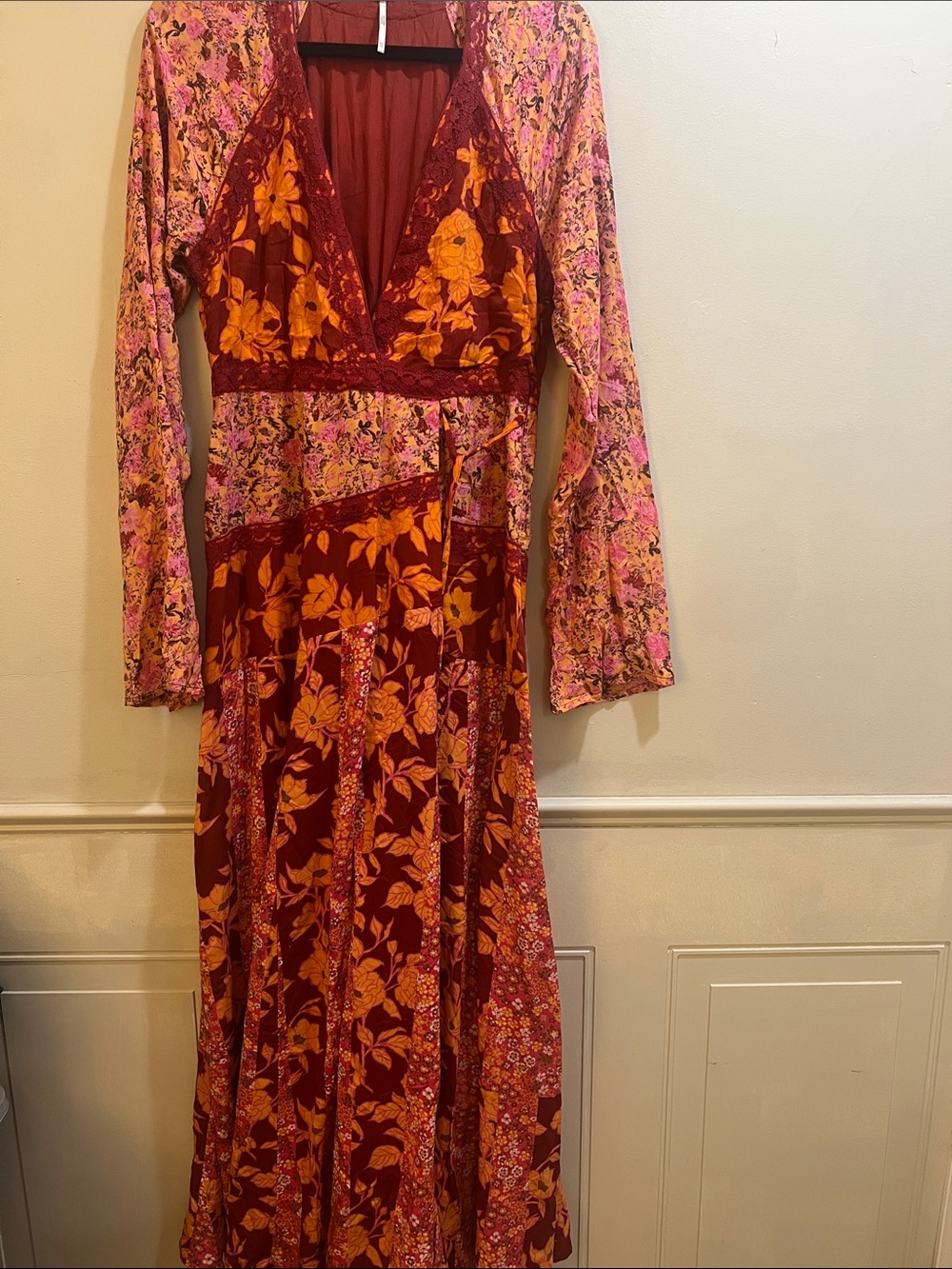 Free People Burgundy and Pink Floral Patchwork Maxi Dress